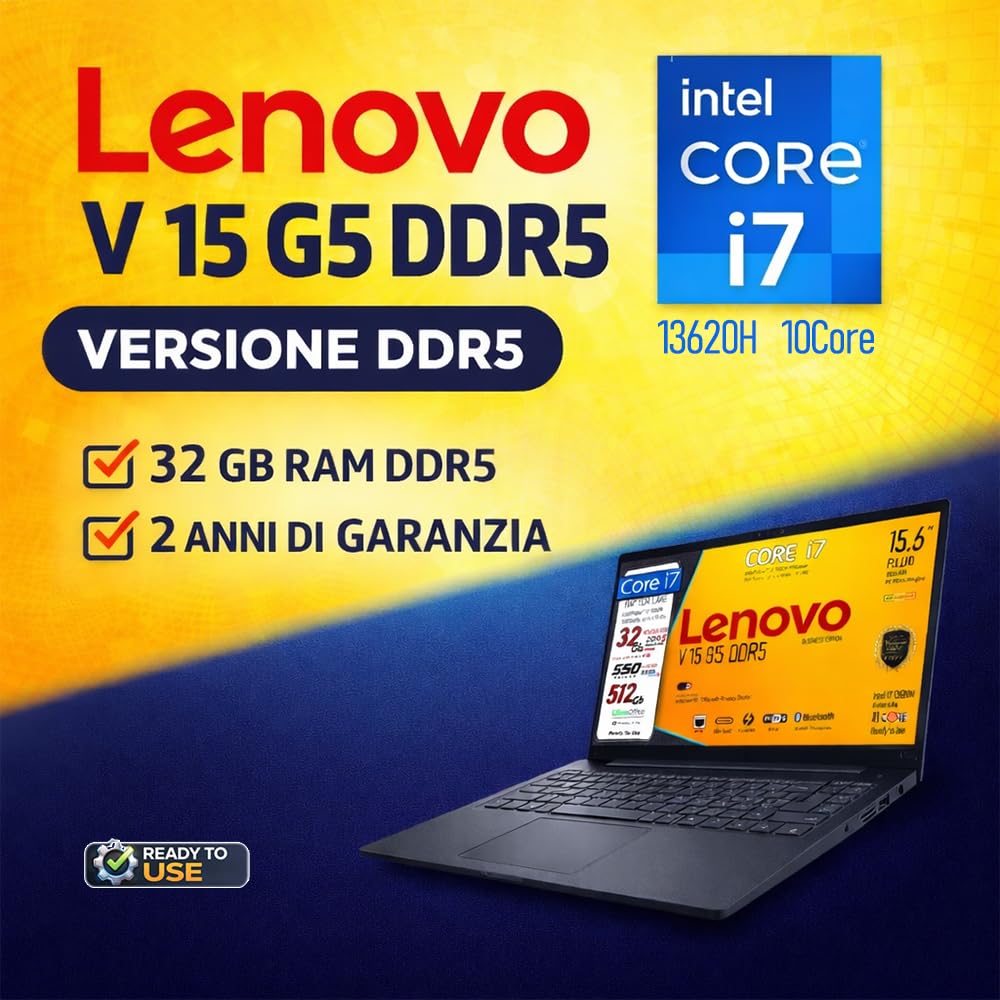 Lenovo, pc portatile Notebook V15 G5, Intel Core i7 13620H,10 Core, Ram DDR5 32 Gb, Display 15,6" IPS FHD, SSD Pci Nvme da 512Gb, Wi-Fi 6, Bt, USB Type-C, Lan Rj45, WebCam FHD, Pronto all'Uso - 5