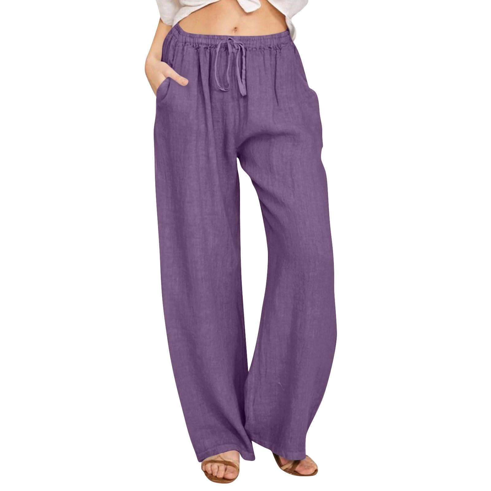Linen Pants Women Wide Leg Pants Casual Lightweight Lounge Drawstring Elastic Waist with Pockets