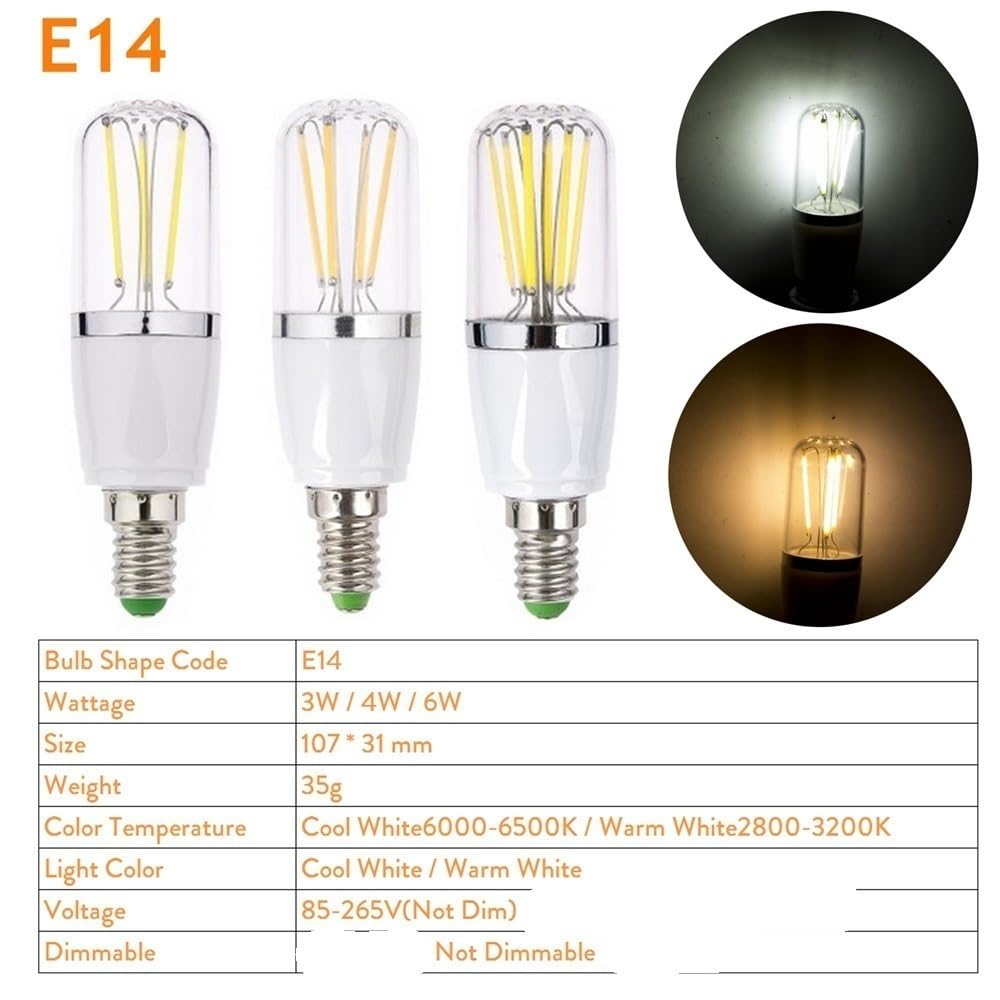 YSJX luces de amplio voltaje, Paquete de 10 bombillas LED de filamento CA 85-265 V, E14/E27/B22, 3 W/4 W/6 W, no regulables, for iluminación decorativa(E27 Warm White,AC85-265V 4w)