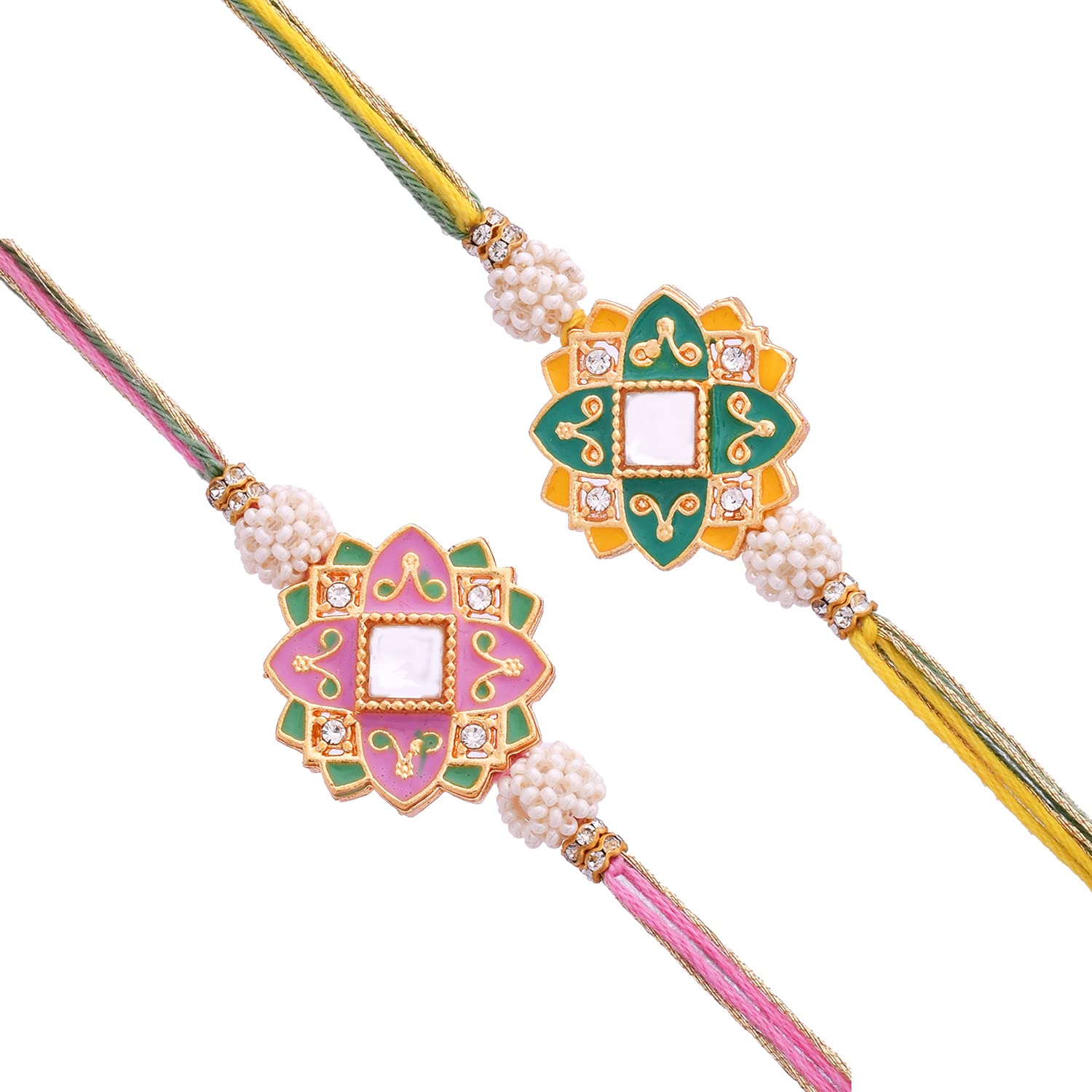 VOYLLA Set of 2 Meenakari Kundan Embellished Pink & Green Floral Enamel Work Rakhi (B0B3JK54L9) Amazon Price History, Amazon Price Tracker