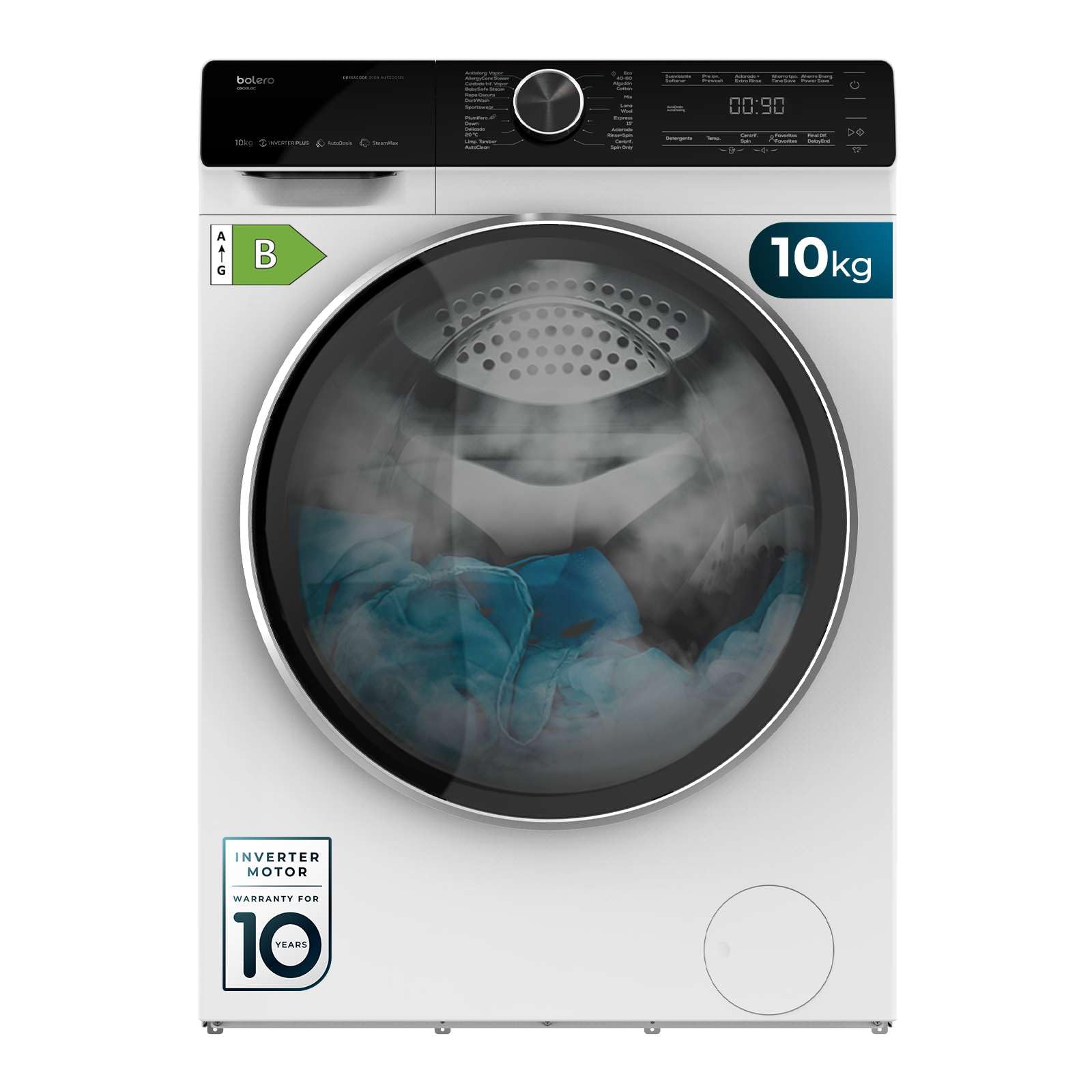 Cecotec Lavadora 10 Kg Carga Frontal Bolero DressCode 2000 Autodosis. 1400 rpm, 1750 W, Motor Inverter Plus, Sistema Autodosis con Programa, MyFav, Steam Max, 14 Programas Etiqueta Energética
