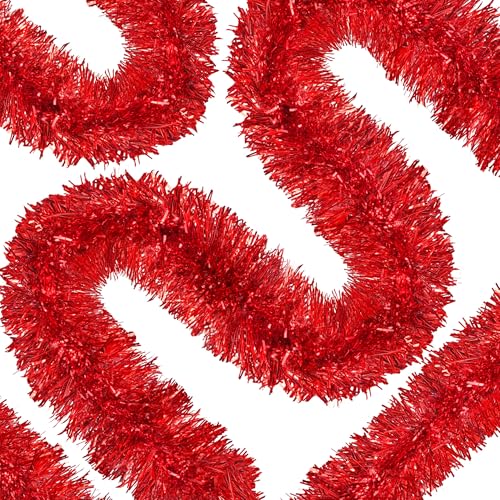 Image of 50 Ft Christmas Tinsel Garland Red Thick Tinsel Garland Xmas Tree Decorations Metallic Tinsel Twist Garland for Christmas, Birthday, Party Decor Indoor Outdoor Party Supplies