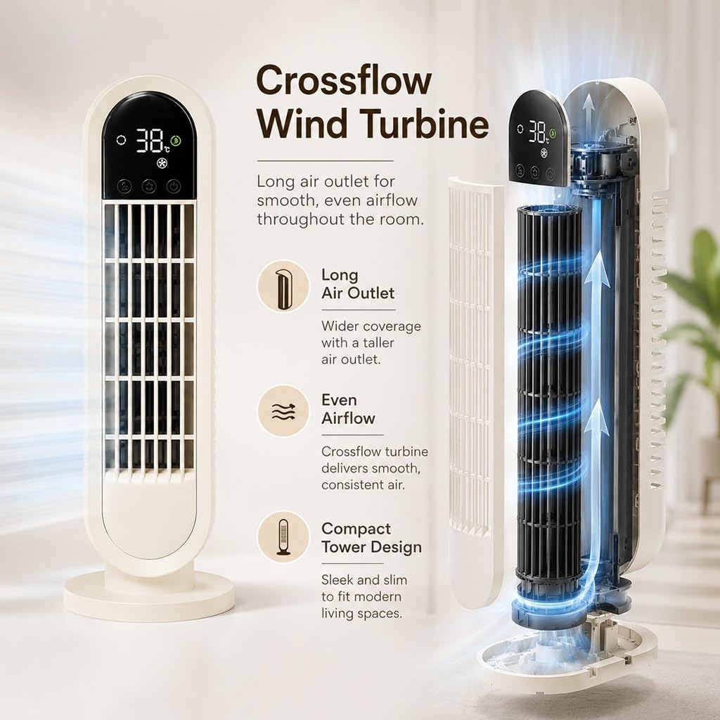 Ventilatore Senza Pale Con Display LED, Oscillazione A 60° E 3 Velocità | Ricaricabile,Ventilatore A Torre Per Scrivania, Camera Da Letto E Ufficio, Soluzione Di Raffreddamento Compatta