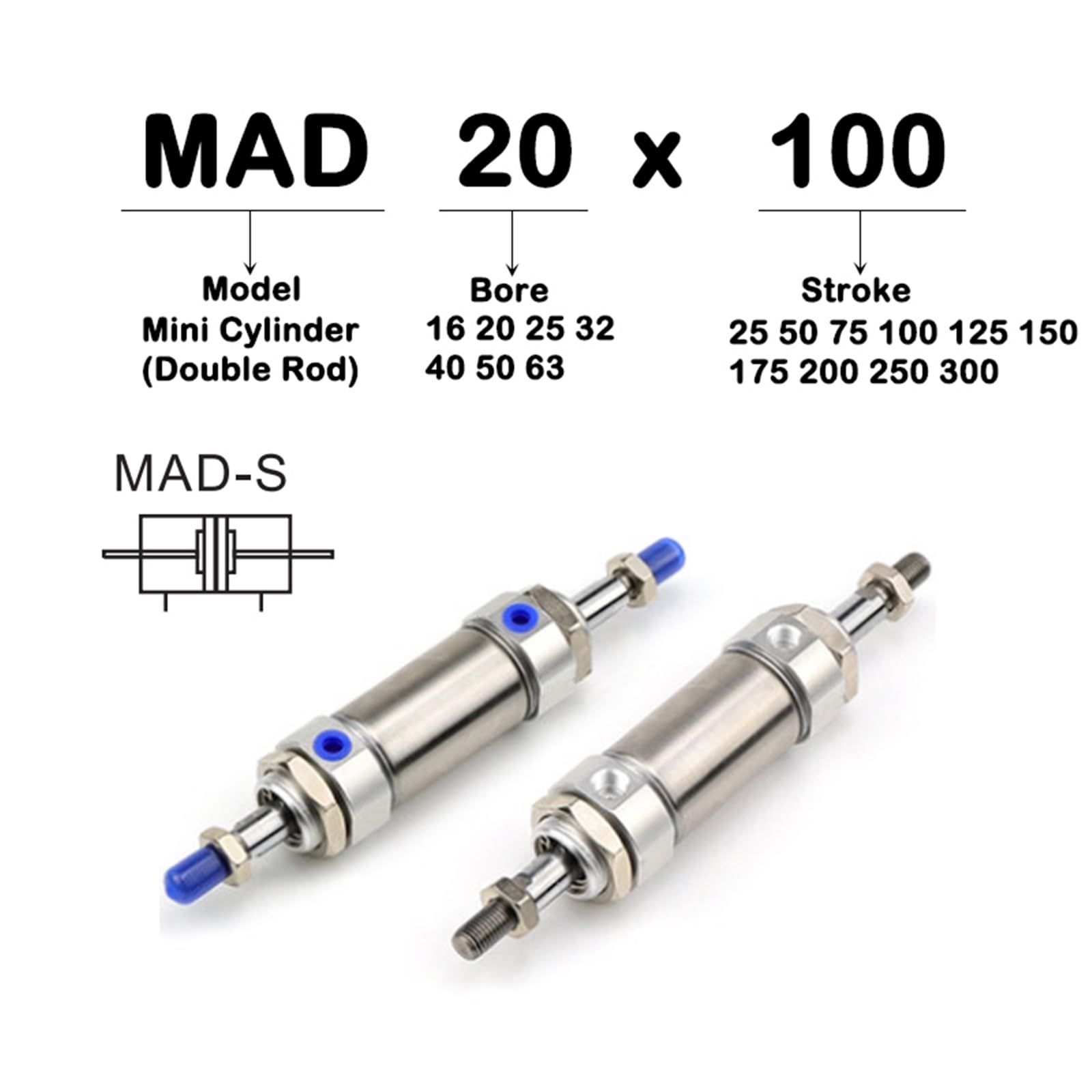 Cilindro neumático de Doble Salida Acero Inoxidable, Mini Cilindro MAD16/20/25x25/50/75/100/125/150/175/200/300, 1 Unidad(Stroke 100mm,Bore 16mm(Mad 16))