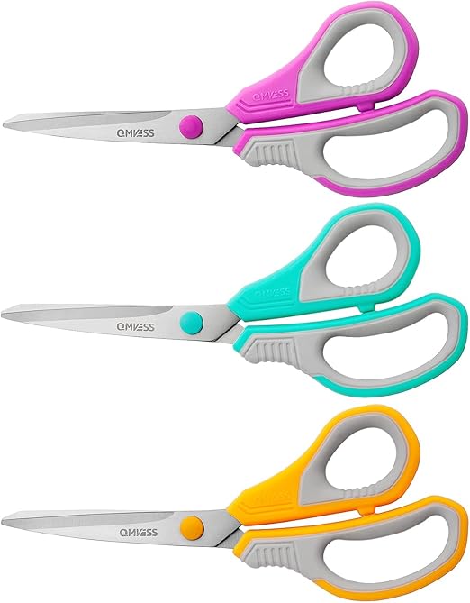 QMVESS 8.5" Scissors All Purpose 3 Pack, Ultra Sharp 2.5mm Thick Blade Scissors for Office, Professional Ergonomic Comfort Grip for Office School Home Fabric Sewing DIY Craft Cutting General Use