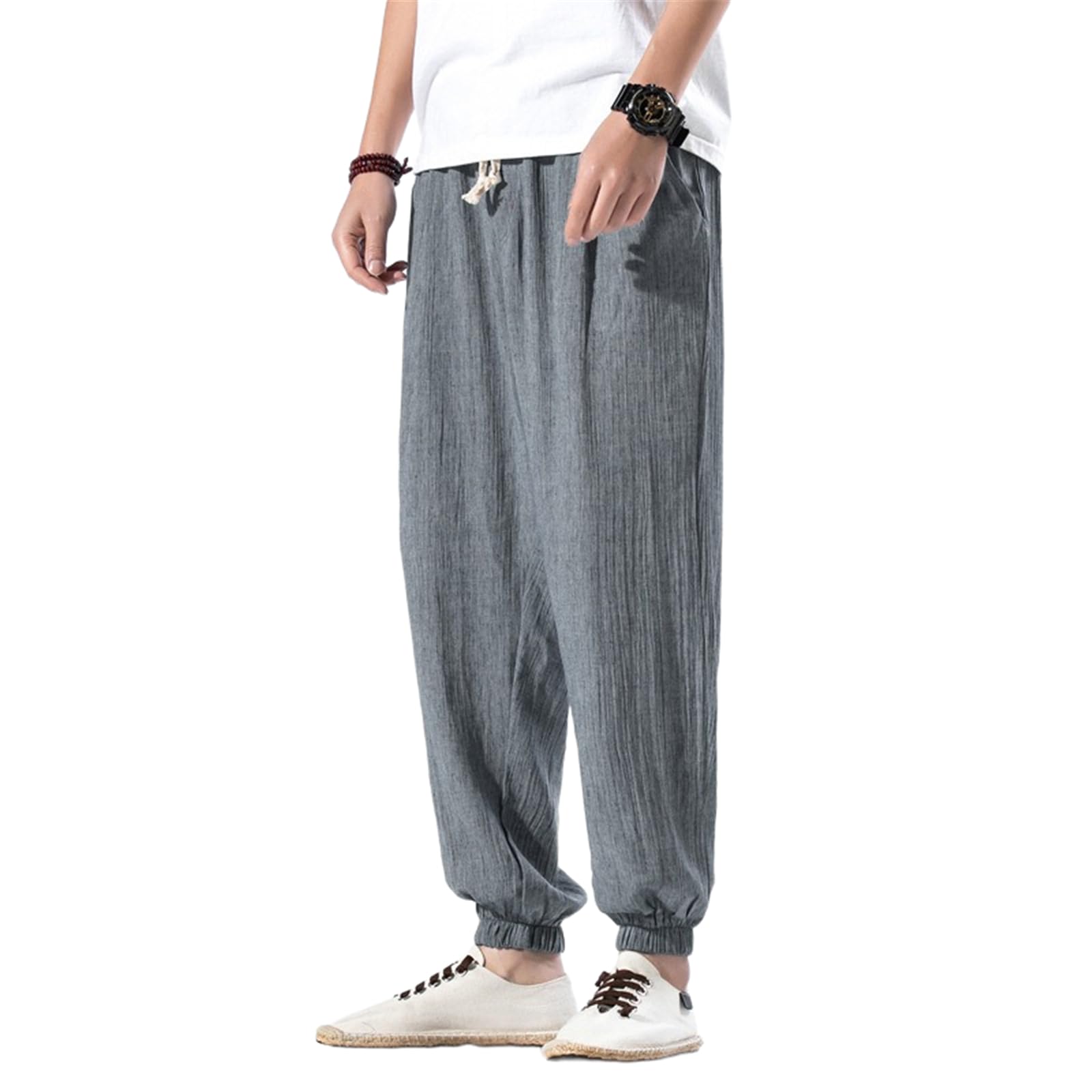 Stile Cinese Pantaloni in Lino Uomo, con Polsini Casual Estate Pantaloni da Spiaggia