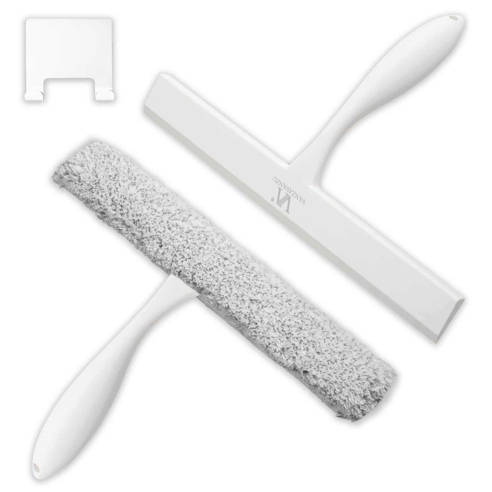 Shower Squeegee for Glass Doors & Microfiber Scrubber Kit 11Inch Window Washing Tools with Non-Slip Handle and Adhesive Hook