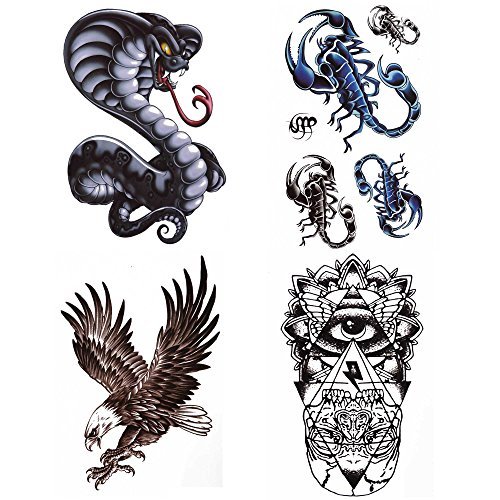 COKOHAPPY 4 Sheets Cobra Snake Eagle Bird Hawk Wing Eye Totem Scorpion Look Real Flash Temporary Tattoo
