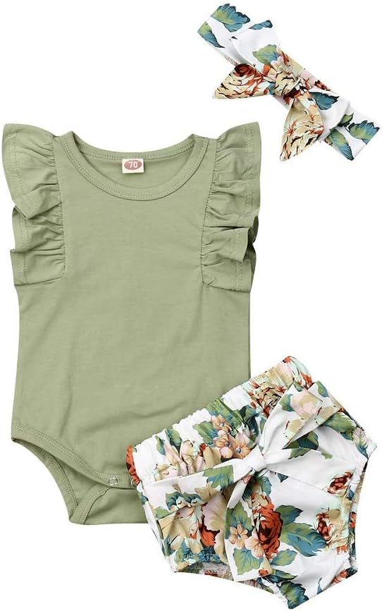 Multitrust Newborn Baby Girl Cotton Ruffled Short Sleeve Bodysuit Tops + Floral Shorts Baby Girl Clothes Set A2 Green 0-6 Months