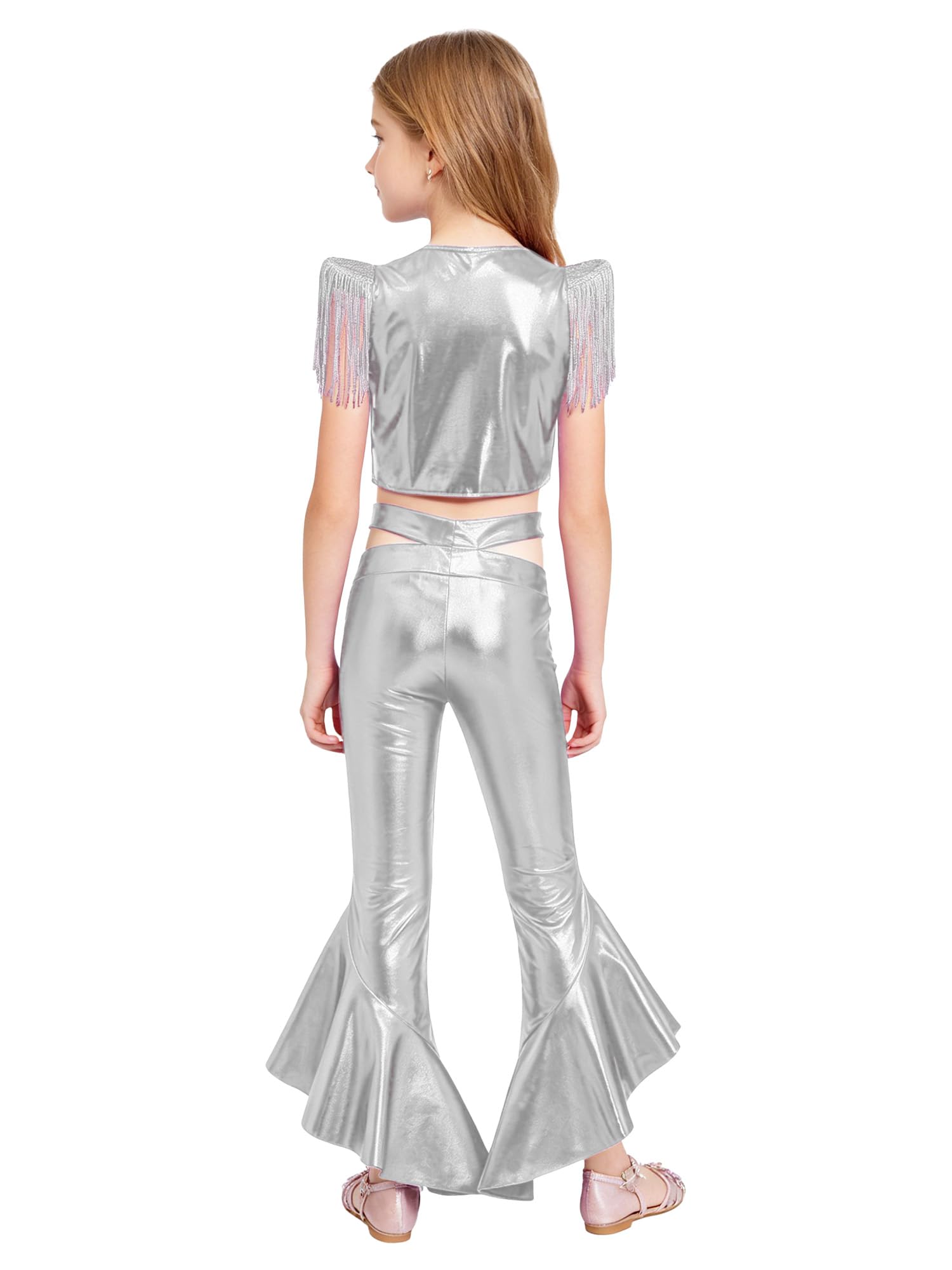 MSemis Enfants Ensemble Hip Hop Enfant Fille Tenues De Danse Avec Paillettes Pour Filles Ensemble Pantalons Danse Jazz Pour Filles Party Argent 15-16 ans