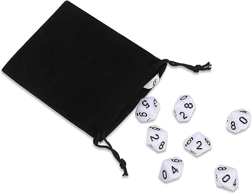 Miniatura 4 de TecUnite Juego de 25 dados poliédricos con bolsa negra para otros juegos de mesa con surtido aleatorio multicolor (negro con blanco, 10 lados)