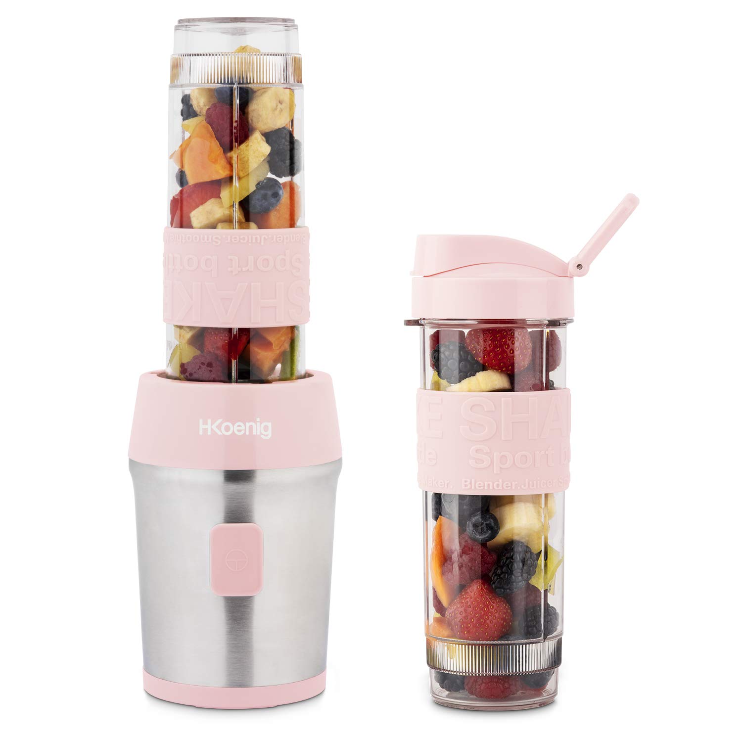 H.​Koenig Mini Blender/​Smoothie/​Mixeur SMOO12 – 570mL, 300W, 4 Lames Inox, Sans BPA, 2 Bouteilles portables avec couvercles de voyage, Rose Pastel