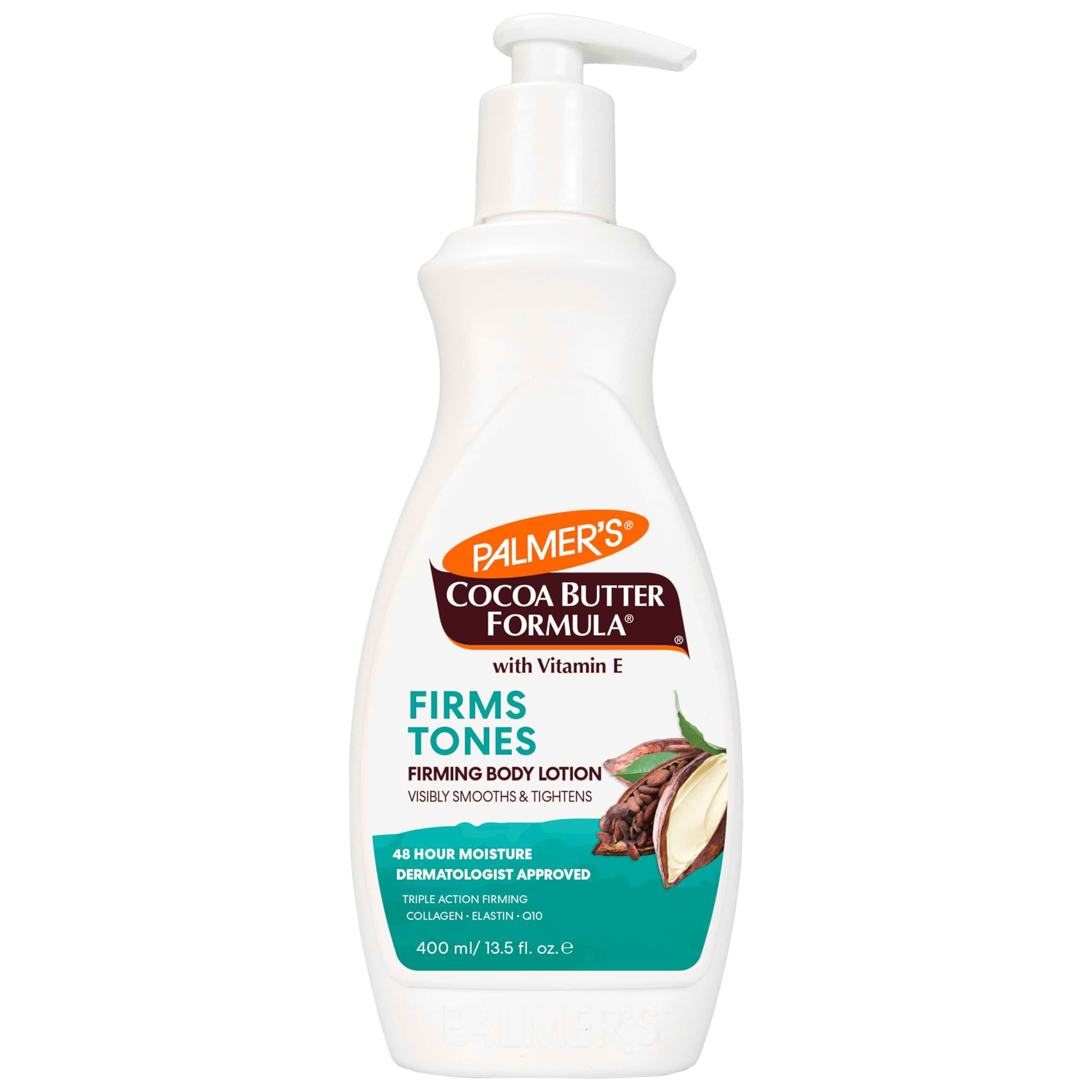 Palmer's Firming Body Lotion, Cocoa Butter Formula, Pump Bottle (13.5 Oz) Toning & Tightening Cream with Triple Action Firming Q10, Collagen & Elastin for Smoother, Less Dimpled Skin, 48hr Moisture