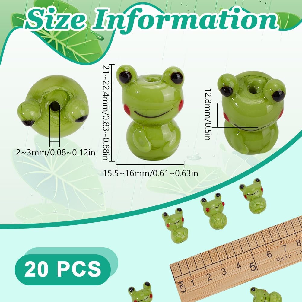 20 Pcs Frog Glass Beads Spacer Loose Handmade Glass Lampwork Beads Cartoon Animal Geen Frog Beads for Jewelry Making Bracelet Women Necklace DIY Crafts Supplies Keychain - Image 2