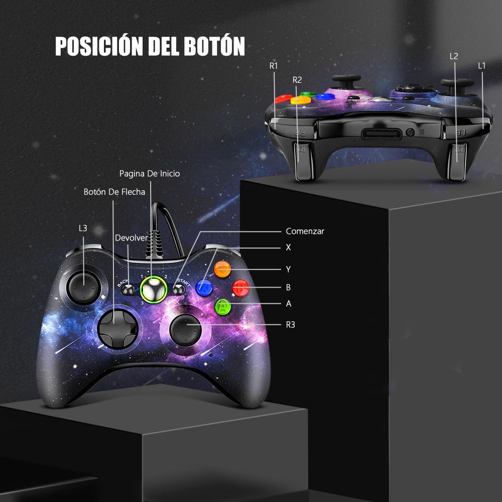 AceGamer Controlador de Juego con Cable para Xbox 360 y PC Steam, con Función de Doble Vibración, Compatible con Xbox 360 Slim y Windows 7, 8, 10, 11