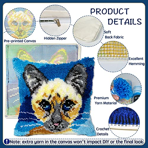 Yp Latch Hook Kits For Kids And Adults Diy Rug Throw Pillow For Home Decoration Siamese Kitten Cover Cushion Cover Hand Craft Crochet For Festival Gift,17" X 17" #TOP2