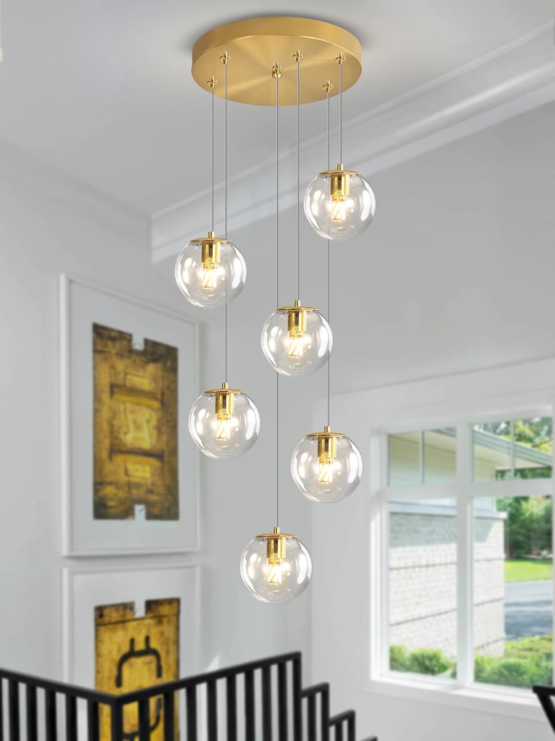 6-Light LED Staircase Modern Glass Globe Pendant Light Gold Chandeliers Large Chandeliers for High Ceilings, Entryway Lighting Fixture Villas and Stairs Gold-Clear 6-Light