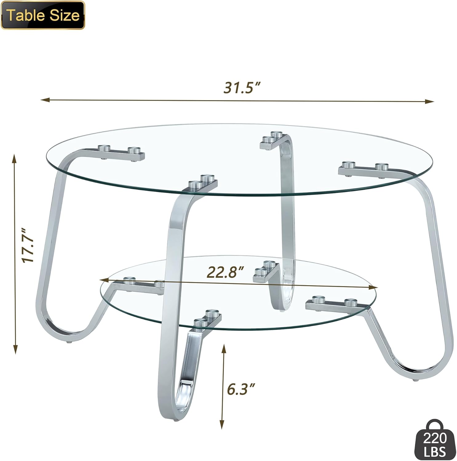 31.5" Silver Round Glass Coffee Table Modern Living Room Table 2-Layer Sofa Center Cocktail Table for Small Space Apartment, Clear Top and Retro Metal Frame (Chrome)