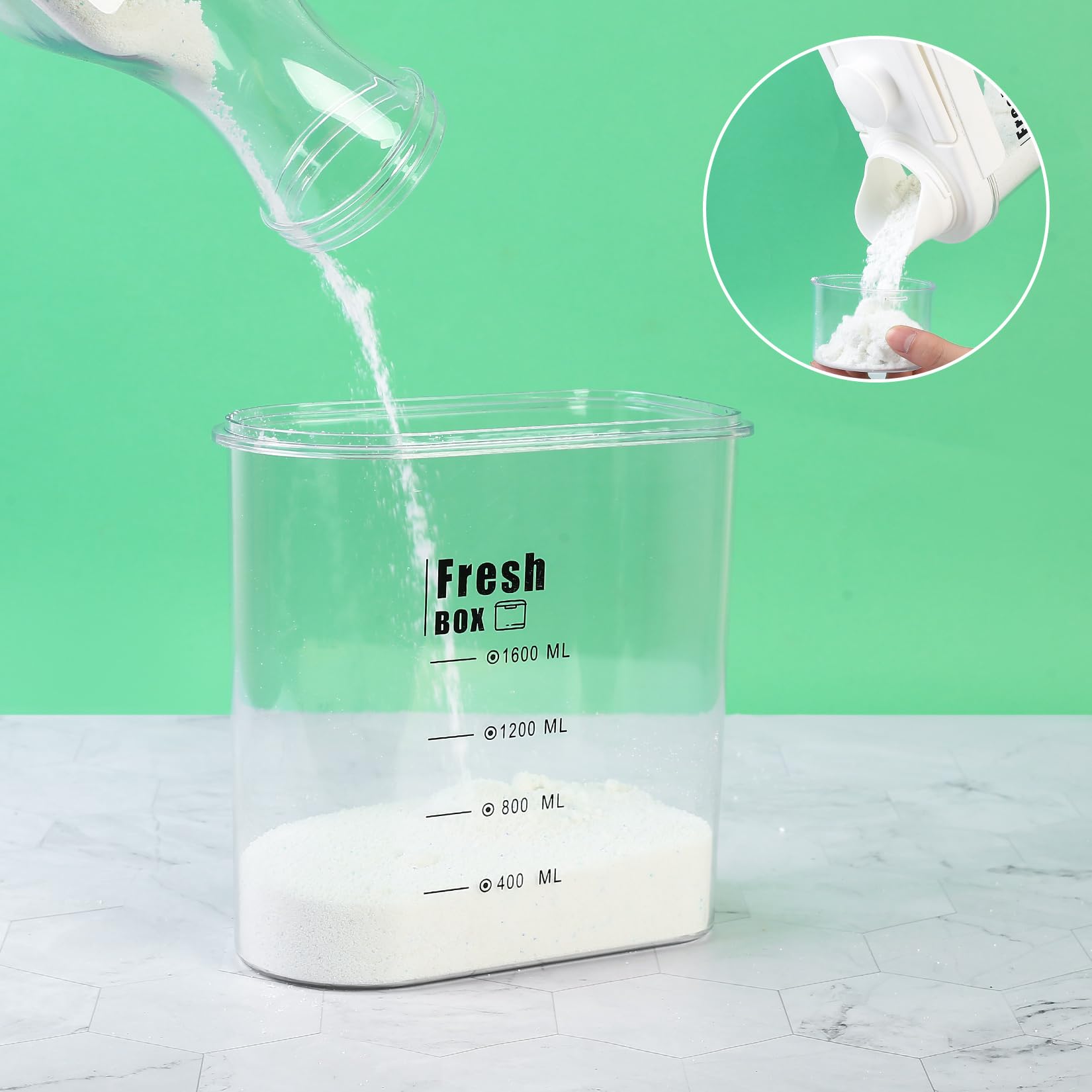 1500 ml wasmiddeldispenser met maatbeker: 2 stuks luchtdichte waspoeder opbergdoos, wasmiddelopslag dispenser multifunctionele waspoederdispenser houder wasmiddelbox voor wasverzachter