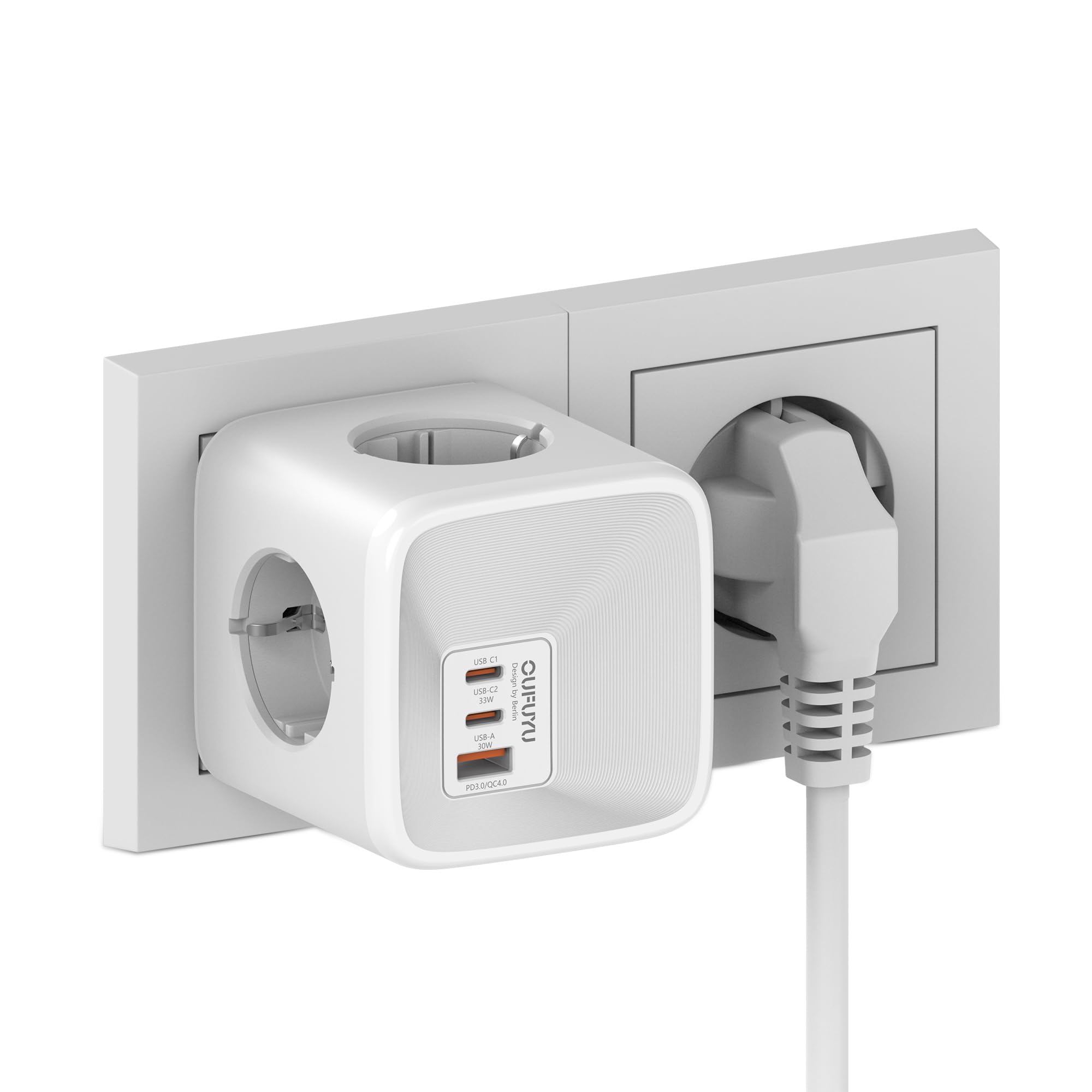 OUFUYU Steckdosenwürfel mit USB C, 4 Fach Steckdosenadapter Cube Mehrfachstecker, 7 in 1 USB Würfel Steckdosen Steckdosenleiste Ladegerät Schreibtisch 33W USB C Schnellladegerät für Zuhause Büro,Weiß