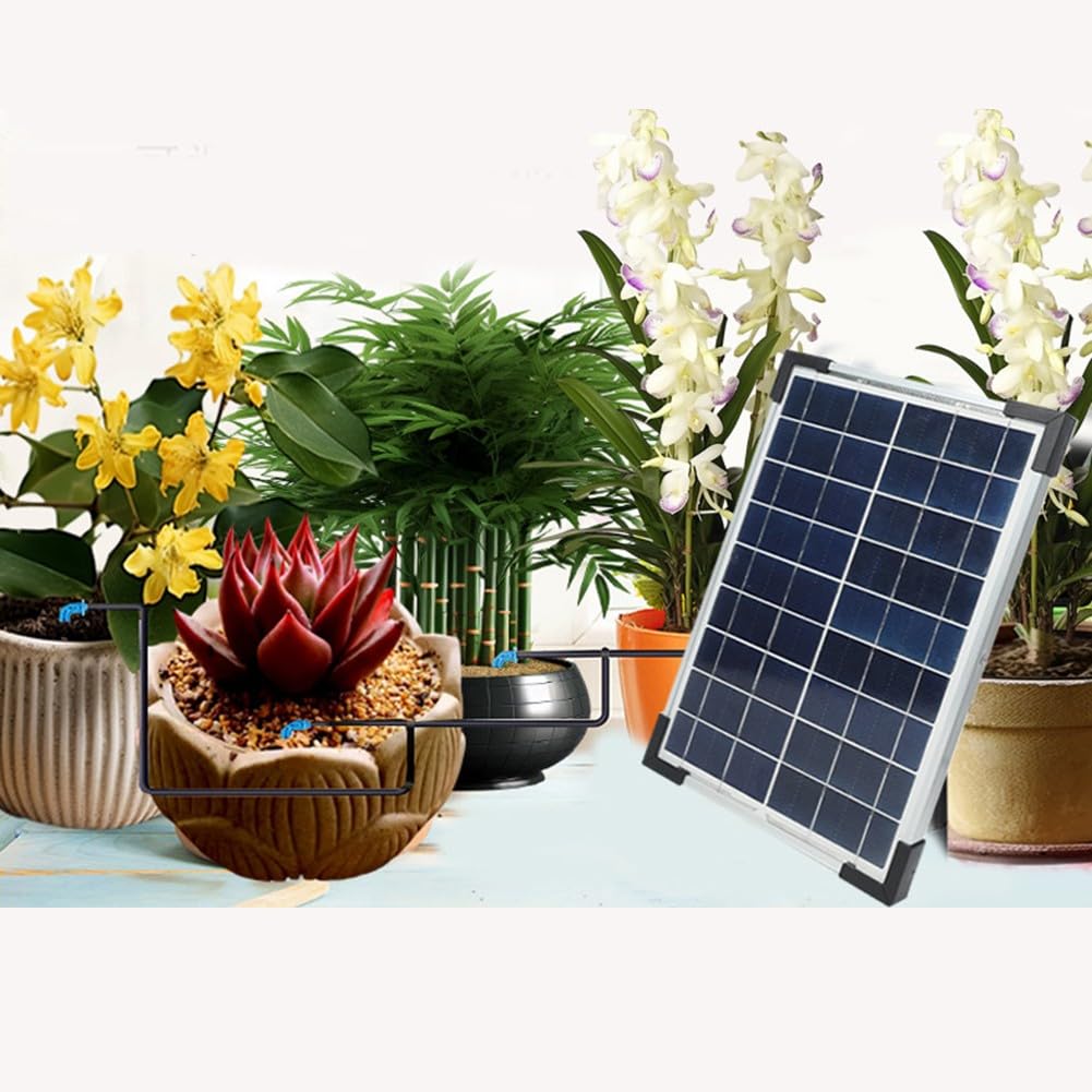 Lecreatekit Sistema di irrigazione solare con pannello da 5 W, kit di irrigazione automatica con 30 emettitori di gocciolamento e tubo da 35 m per piante in vaso da giardino