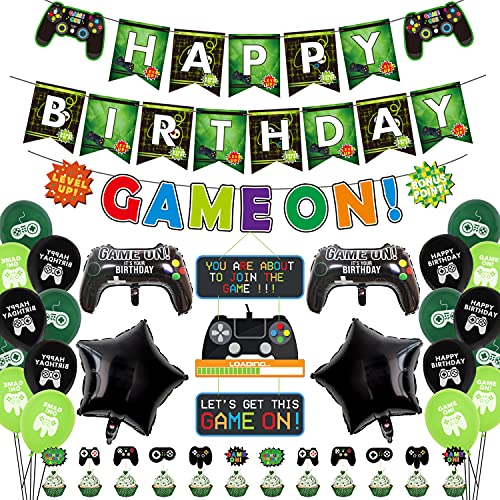 Decoraciones Para Fiestas de Videojuegos, Incluyendo Pancartas de Feliz Cumpleaños, Globos Temáticos de Videojuegos, Decoraciones para Tartas para Niños, Niños y Niñas Fiesta de Cumpleaños