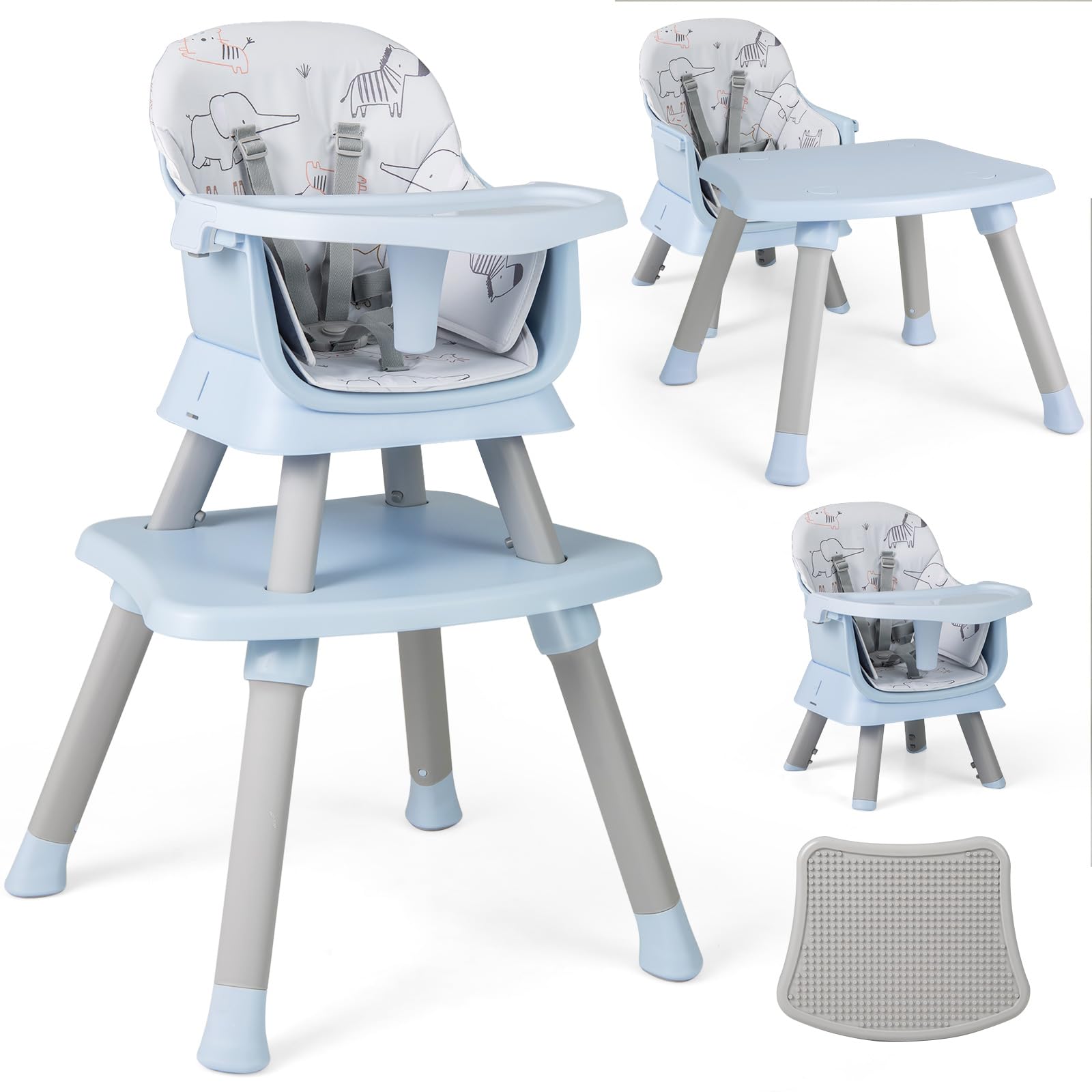 RELAX4LIFE 6 en 1 Trona Bebé con Arnes de 5 Puntos y Cojín Desmontables, Tronas de Bebe Portátil con Bandeja Ajustable y Extraíble, Mesa y Silla Infantil para Niños 6+ Meses, Carga 25kg (Azul)