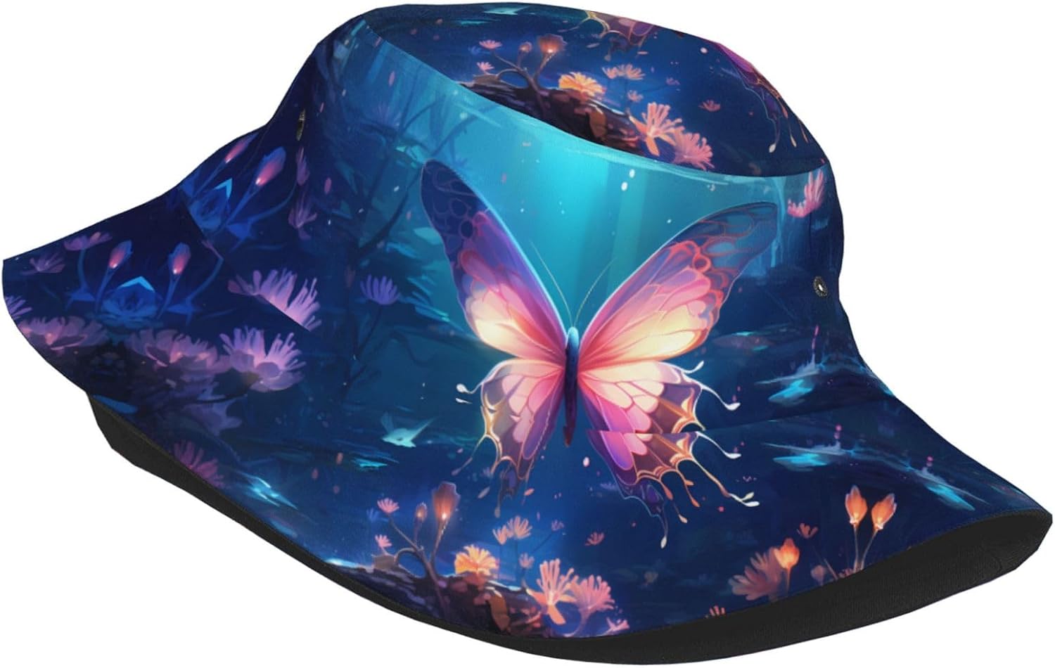 Flying Butterfly Prints Summer Outdoor Travel Bucket hat, a Beach Sun hat Suitable for Both Men and Women Black