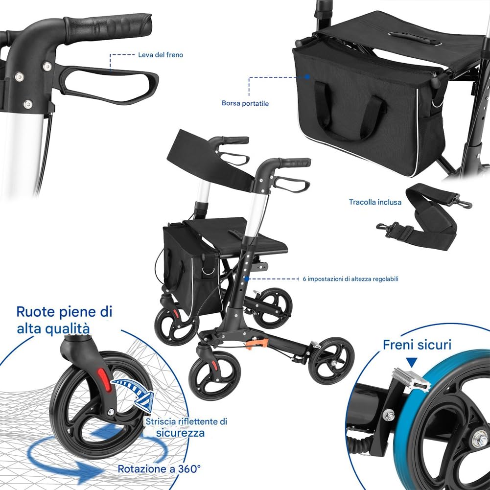 BAKAJI Deambulatore Richiudibile Salvaspazio con Seduta per Anziani, Disabili e Persone con Mobilità Ridotta, Walker con Borsetta e Maniglie Ergonomiche, Assistenza con Freni e Altezza Regolabile