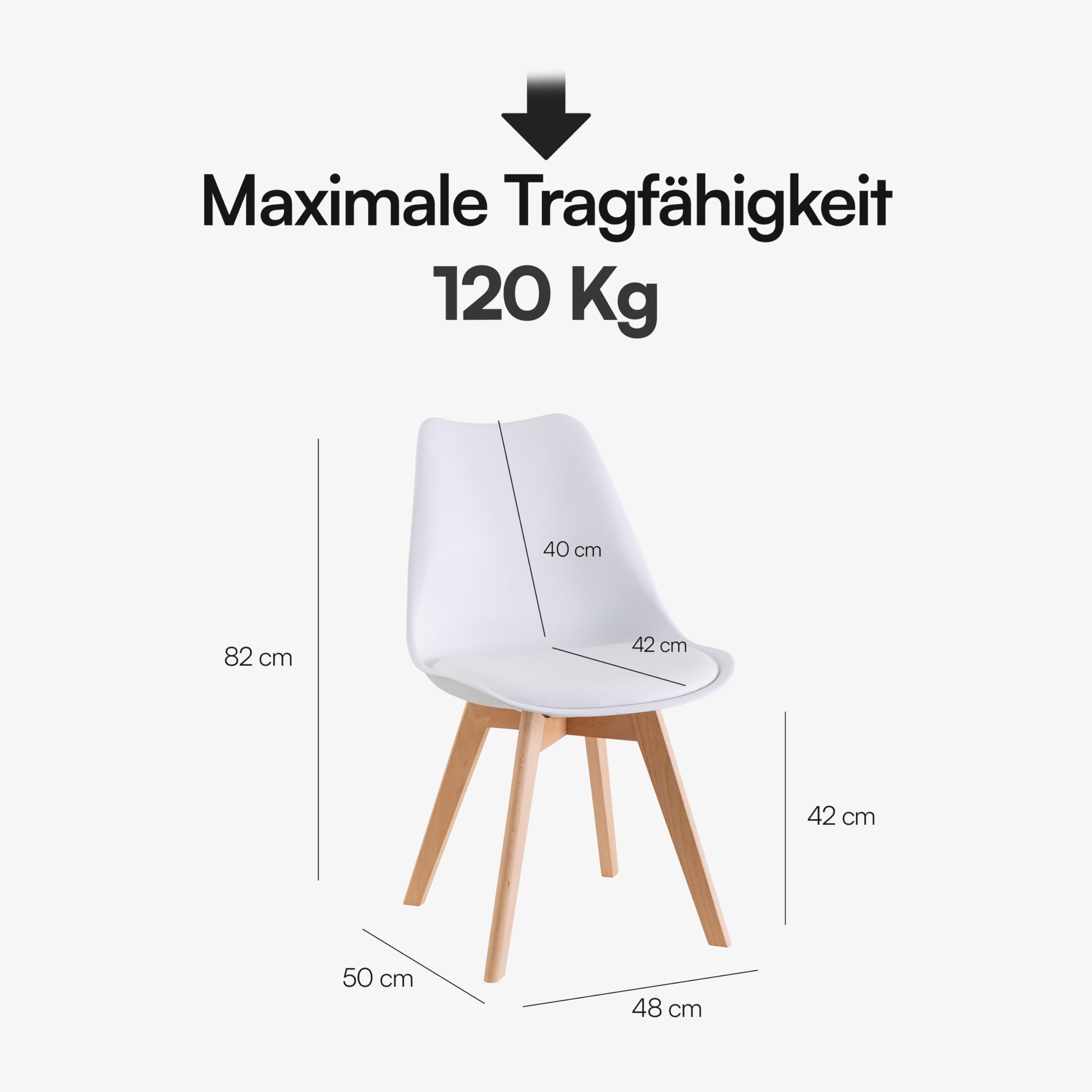 Baroni Home ESS- oder Bürostuhl mit Holzbeinen aus Buche, Ergonomischer Kunststoffstuhl mit integrierten Kissen, 50X48X82 cm (Weiß, 4)