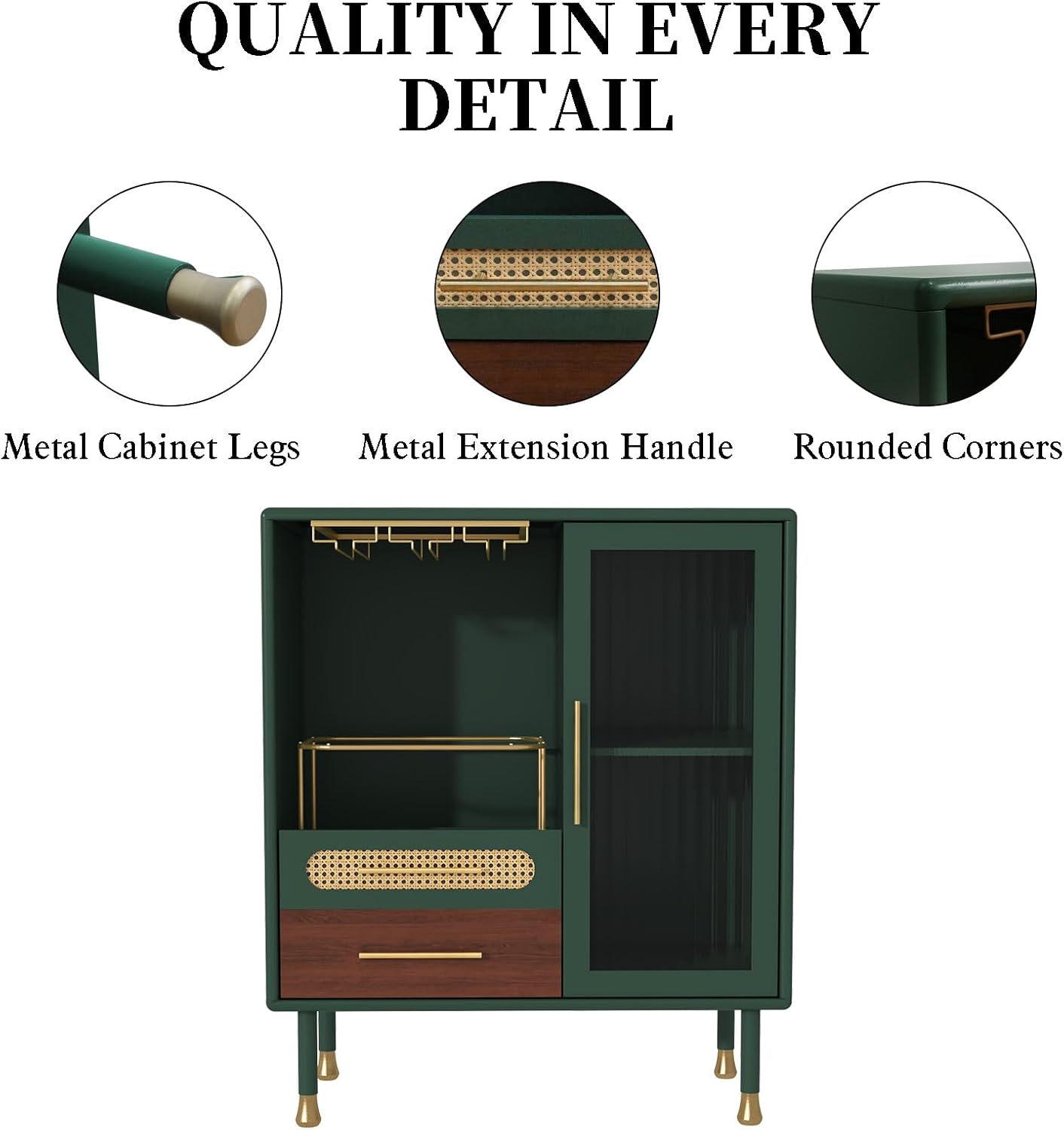 ARTPOWER Modern Coffee Bar Cabinet with Wine Glass Rack and Drawers, Green Liquor Cabinet with Pull-Out Wine Storage for Kitchen, Dining Room, Living Room