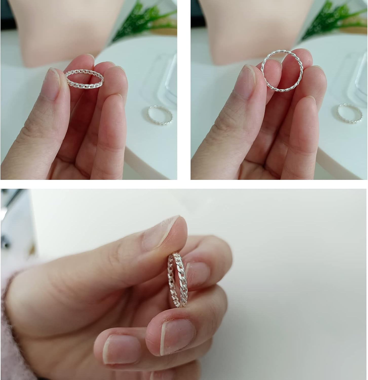 CANDYFANCY 2mm Thin Simple Cuban Chain Link Rings 925 Sterling Silver Filigree Cool Plain Minimalist Middle Finger Thumb Stacking Band Rings - Image 8