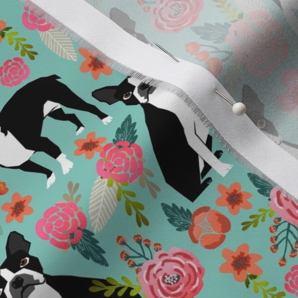 Spoonflower Fabric - Boston Terrier, Vintage Style, Florals, Dogs, Mint Green, Dog, Flower, Printed on Organic Cotton Sateen Fabric by The Yard - Sewing Quilting Apparel Home Decor