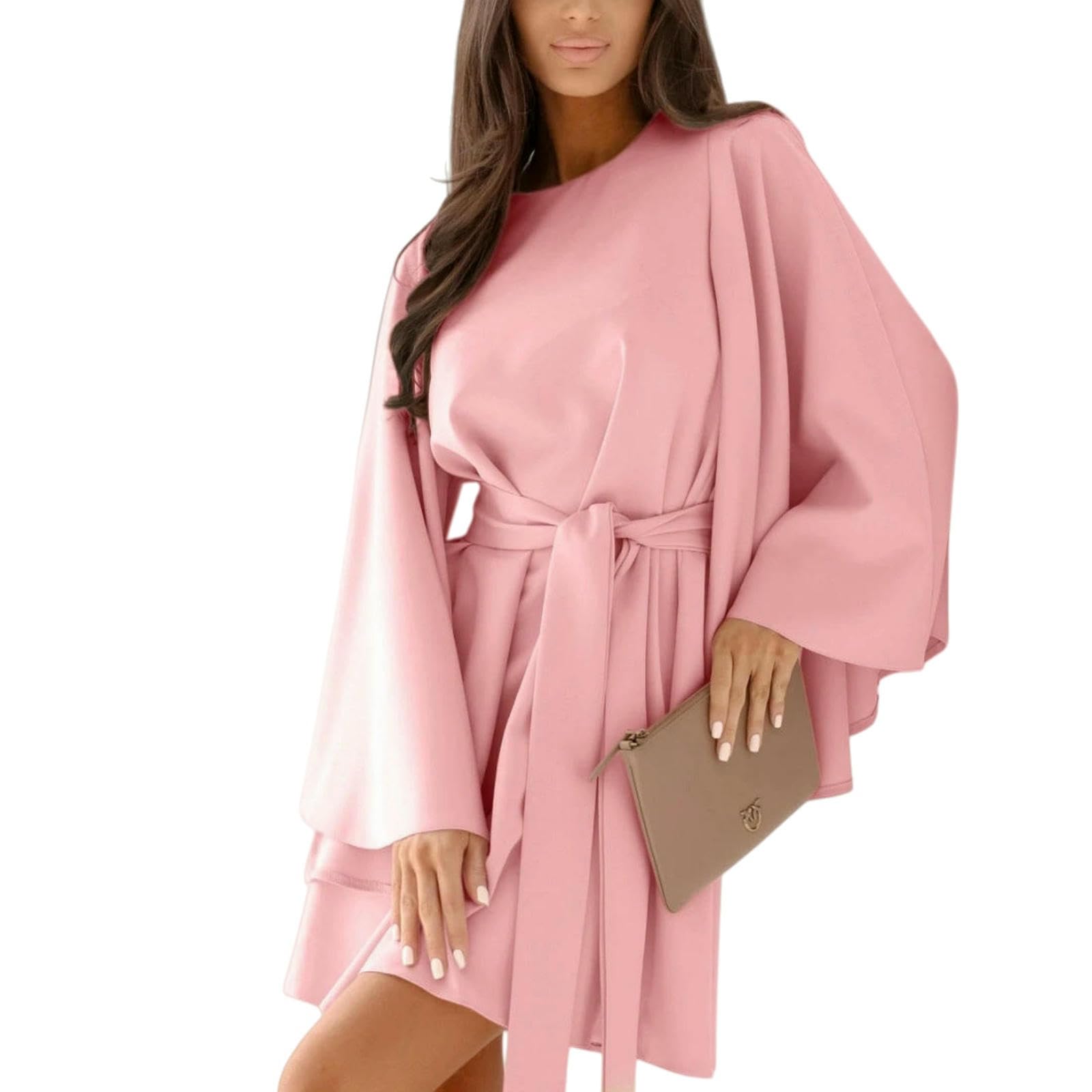 Abito Donna Miniabito da con Vita Impero, Elegante Girocollo A Maniche Lunghe in Colore Puro, vestibilità Regolare, Autunnale Polsini Svasati-Nero-l