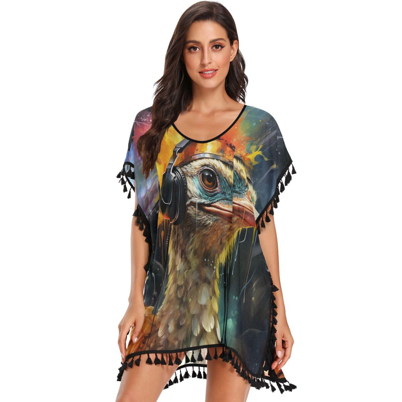 KAAVIYO Ostrich Colorful Abstract Space Women's Beach Cover Up Chiffon Tassel Swimwear Swimsuit Coverups for Girl