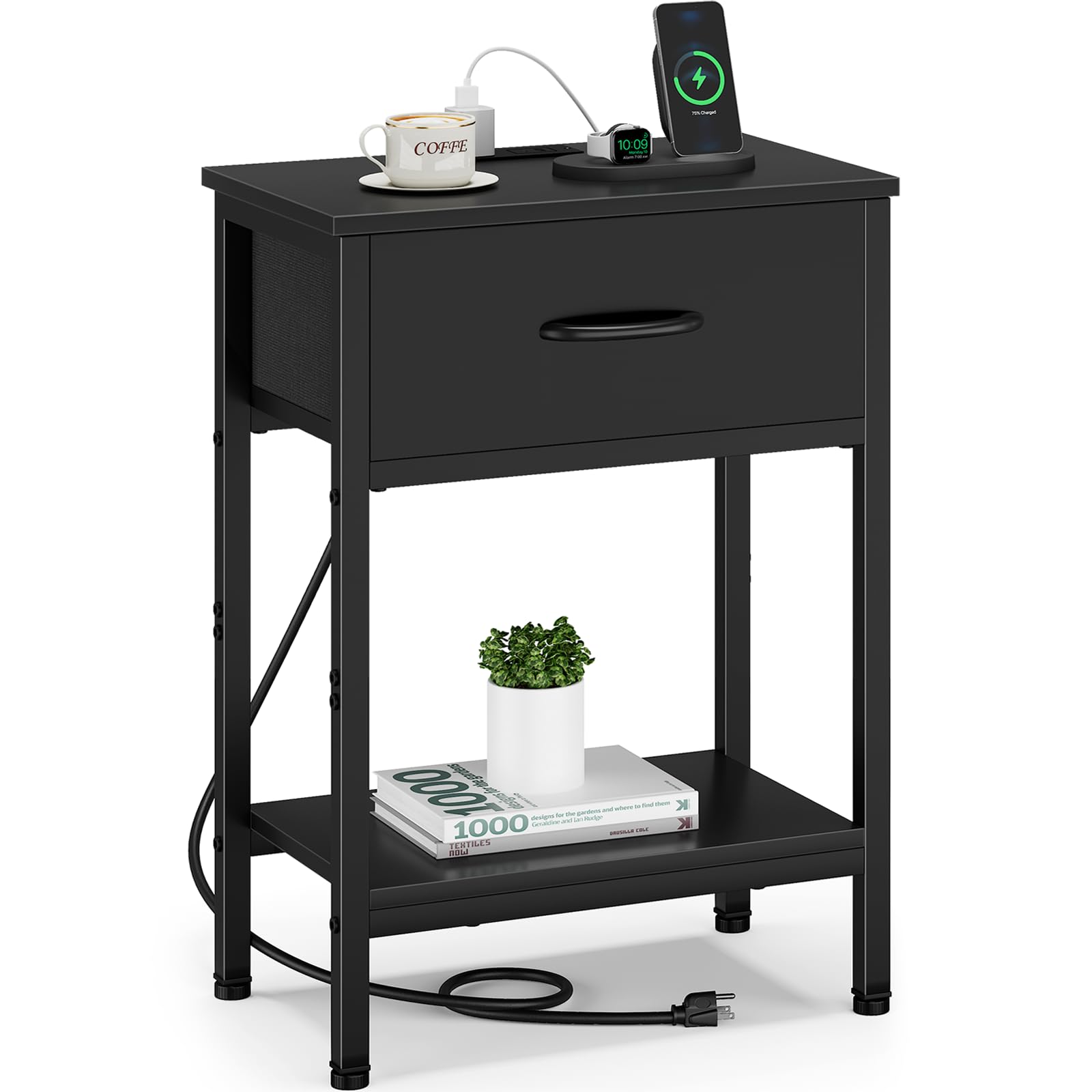 Vagusicc Black Nightstand with Charging Station, End Table with Fabric Drawer, Small Side Table with 2-Tier Storage Shelves, 25.4" Tall Bedside Table,