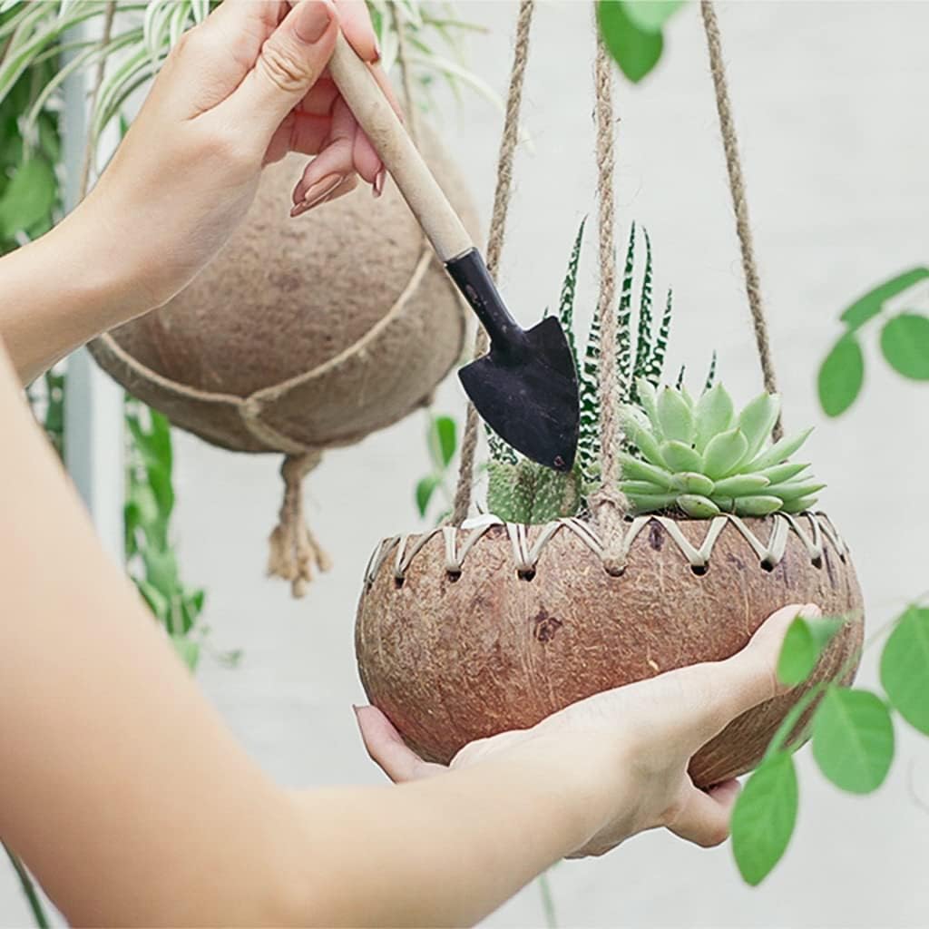 Rainforest Bowls Set of 2 Hanging Fiber Coconut Planters w/Drainage Hole- Perfect for Succulents, Flowers, Small Plants, Indoor & Outdoor Gardens- Handcarved by Artisans, Eco-Friendly & Sustainable