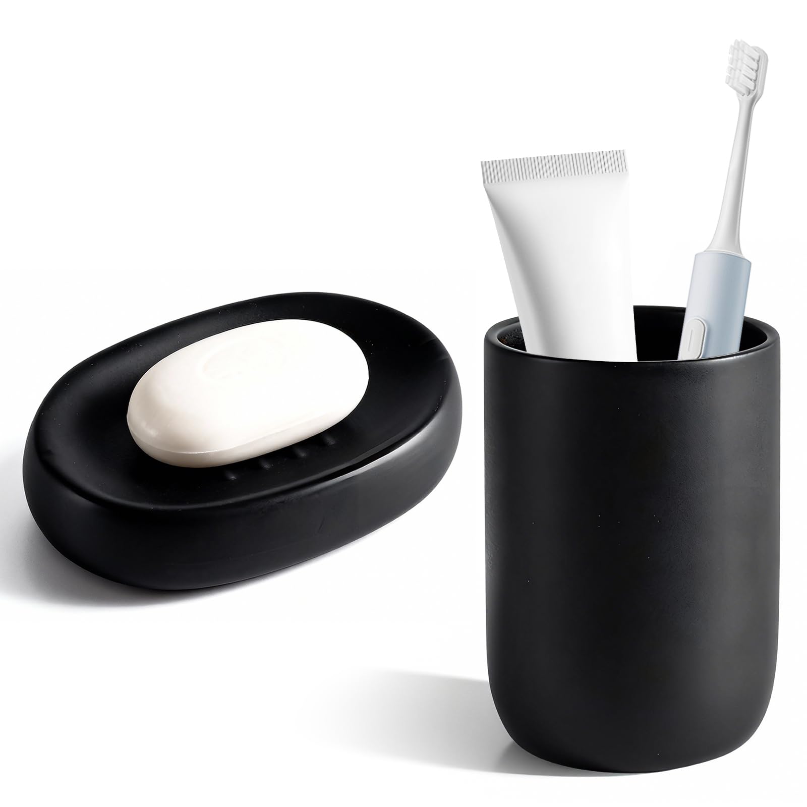 Ceramic Soap Dish Black,Cups Ceramic Toothbrush Toothpaste Holders,Black Bathroom Tumbler Cup Reusable Toothbrush Cup Mouthwash,Soap Dish,Soap Holder,Easy Cleaning