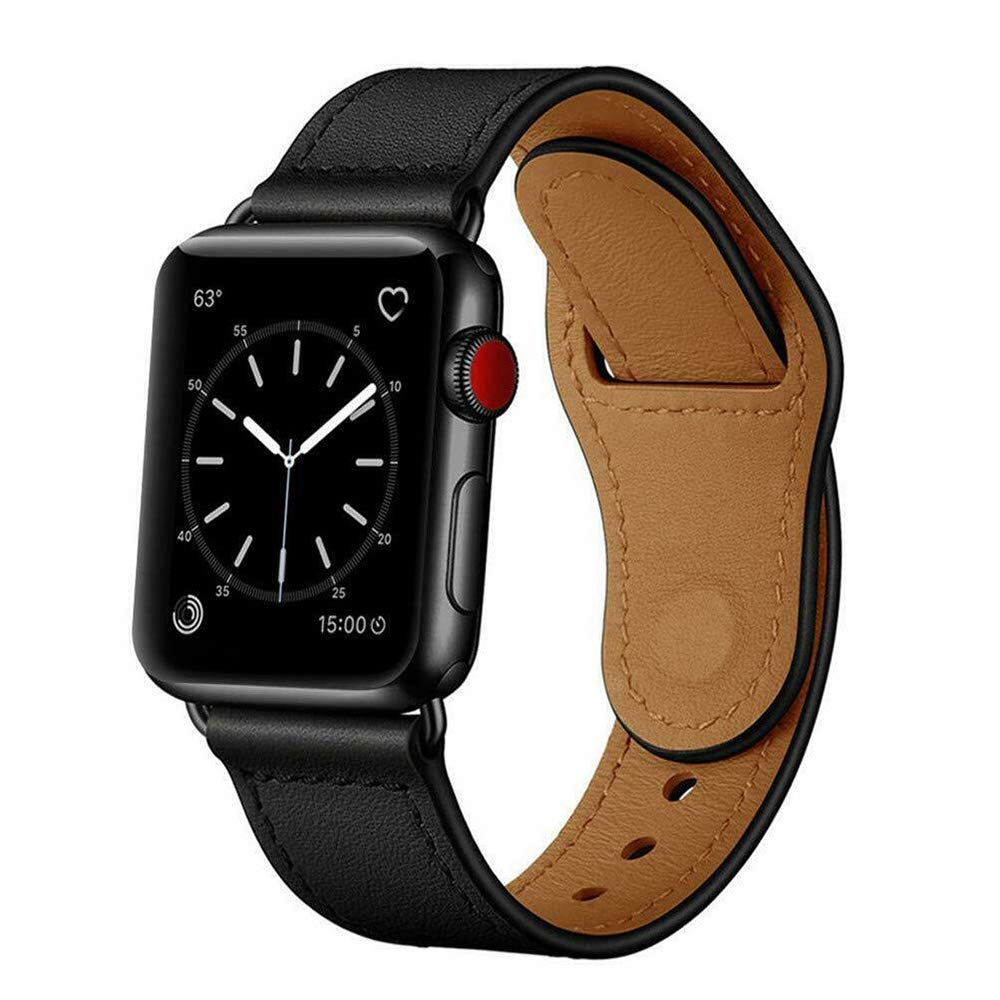 MEEFIXGenuine Stylish Leather Simpleness Strap Buckle Band Replacement for Apple Watch Series 4 3 2 1 (38/40mm, Black)