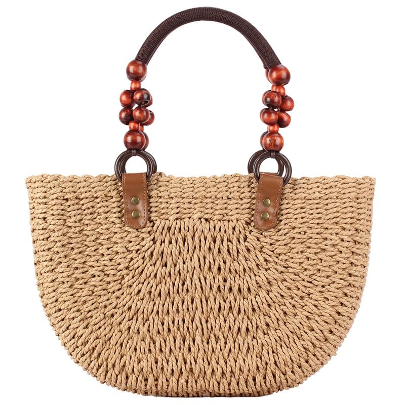 Sac en paille tressé poignée perles de bois fermeture éclair pour plage et shopping