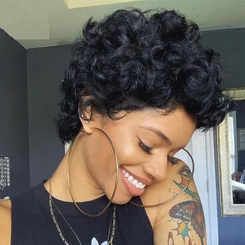 PORSMEER Perücke Echthaar Schwarz Afro Kinky Curly Wig Cover