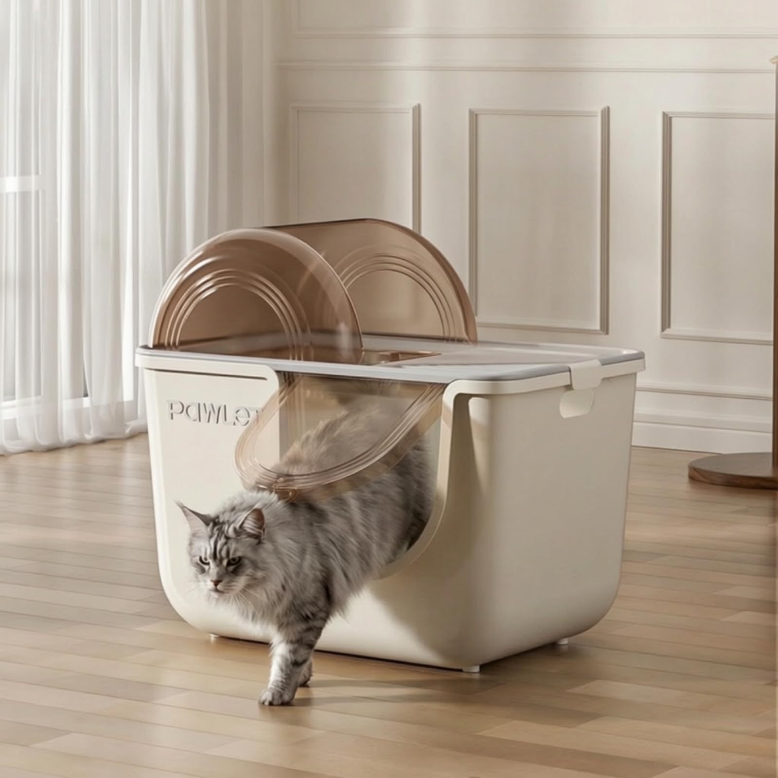 kowaku Caja de Arena para Gatos con Contenedor Cerrado Arenero Bandeja y Baño con Diseño y Esquinas Redondeadas Tapa Extraíble PP Control de Olores Adecuado, Blanco Arroz