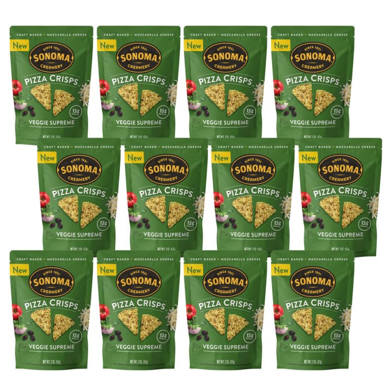 Sonoma Creamery - Pizza Crisps, Veggie Supreme, 2 Oz (12 Count) | Savory Snack Cracker | High Protein | Low Carb | Gluten Free | Wheat Free |Keto Friendly