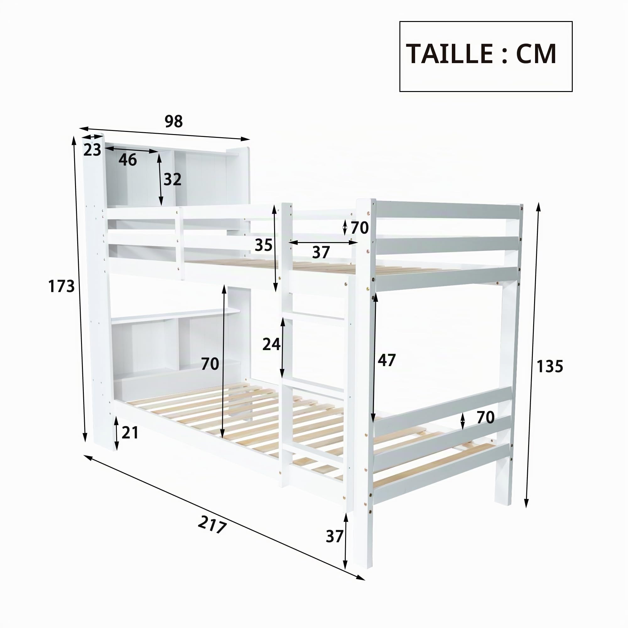 Sapgaks Lit superposé 90 x 200 cm avec étagères de Rangement et échelle 3 Niveaux, sommier en Bois Massif, Blanc (Cadre de lit Uniquement)