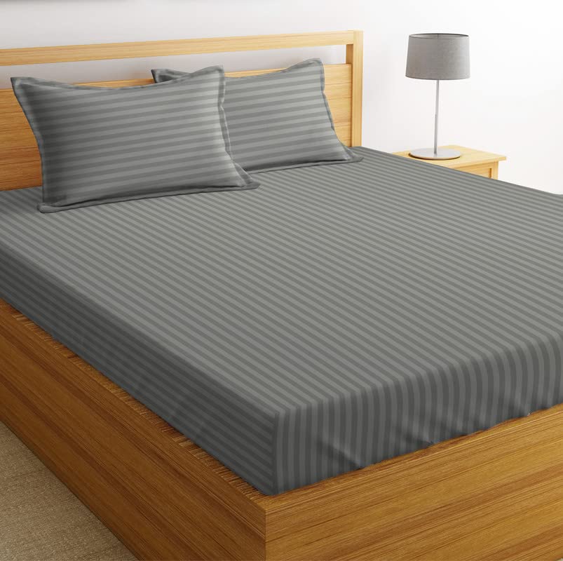 Image of BSB HOME 210 TC Premium Glace Cotton Striped /Lining Plain Bedsheet for Double Bed King Size with 2 Pillow Covers for Home-Hotels-Guest House-Grey