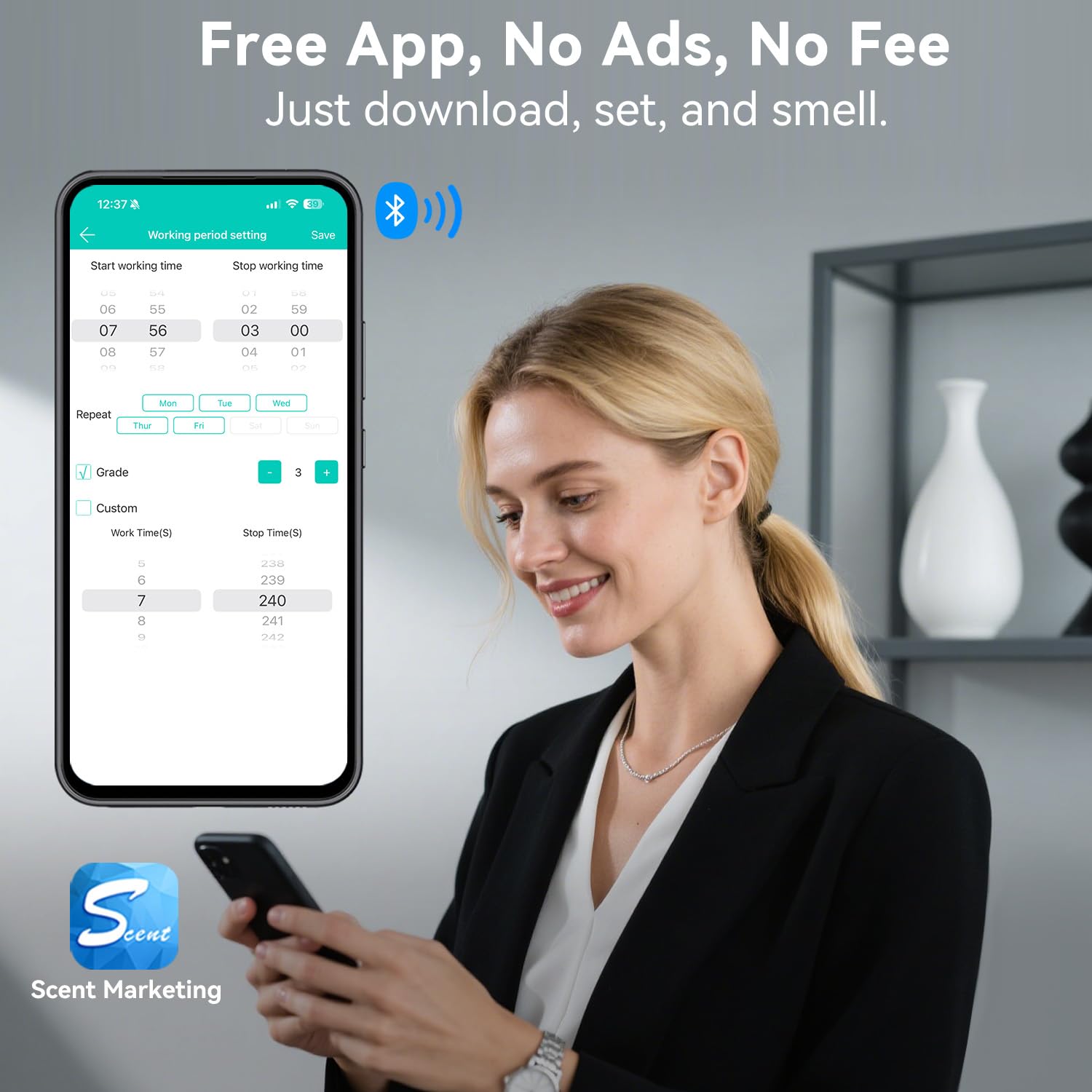 Diffuseur Huiles Essentielles sans Eau, À Branchement Mural, Bluetooth et App Connecté, Surface d'Utilisation 500 Pieds Carrés