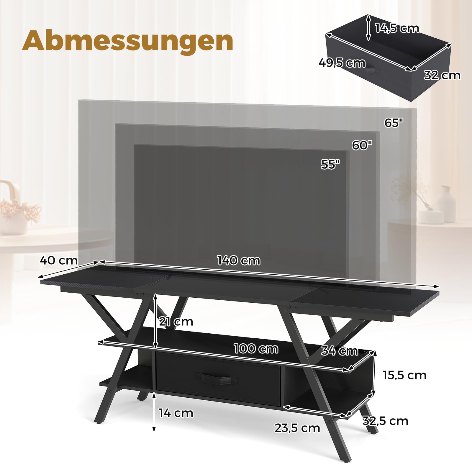COSTWAY Stojak pod telewizor z diodami LED i gniazdem USB + gniazda typu C, szafka pod telewizor 65", 3-poziomowe centrum rozrywki, stolik konsolowy z półkami i szufladą z materiału (czarny)