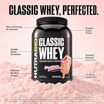NutraBio Classic Whey Protein Powder Supplement - 25g من البروتين لكل سكوب - ملف الأحماض الأمينية كاملة الطيف بدون حشو أو ألوان اصطناعية أو مواد حافظة - كعكة الفراولة القصيرة ، 2 جنيه
