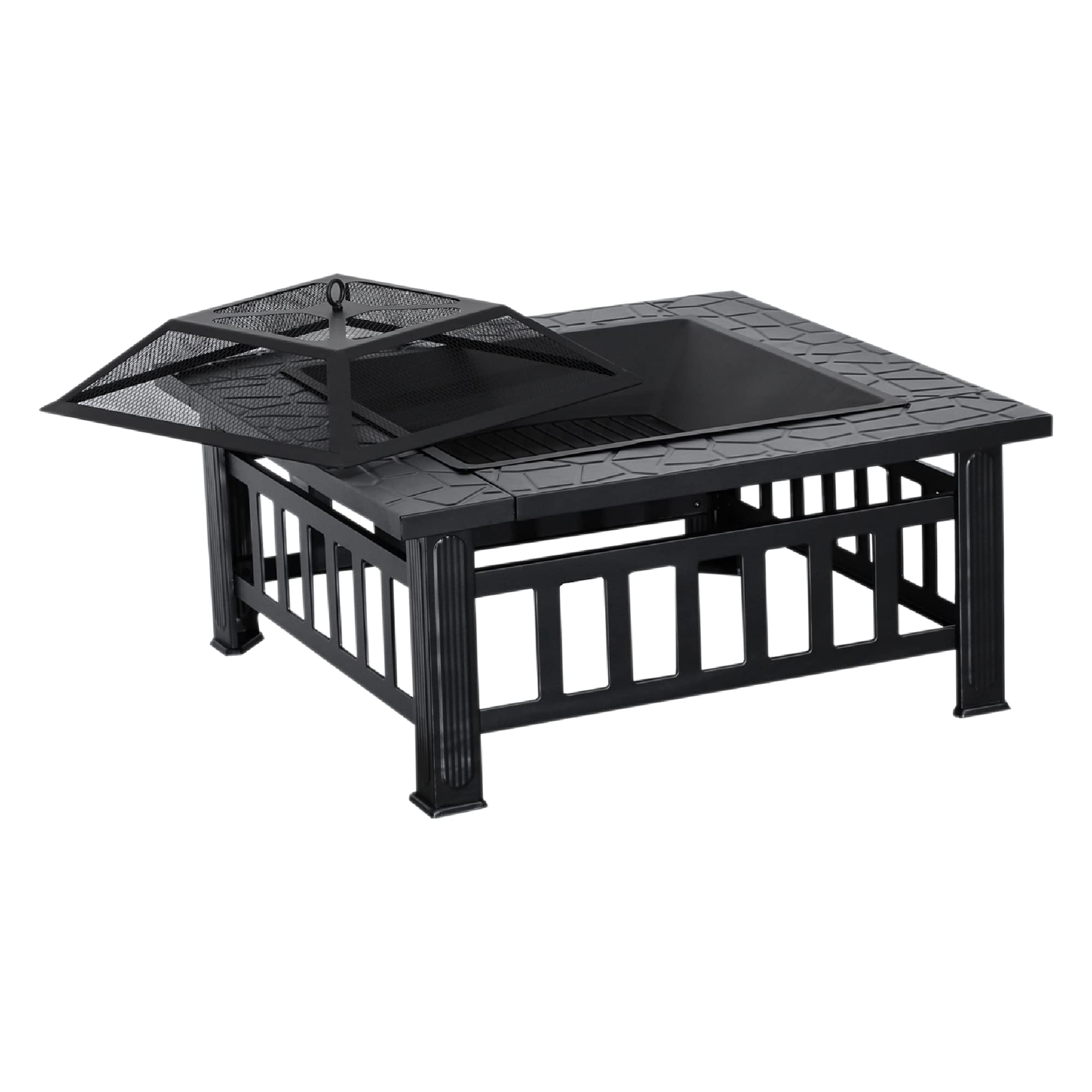 M MCombo Feuerschale mit Grillrost & Funkenschutz, Feuerkorb mit Schürhaken, Feuerstelle für Garten, Terrasse und Balkon 81x81x44,5 cm, 0039