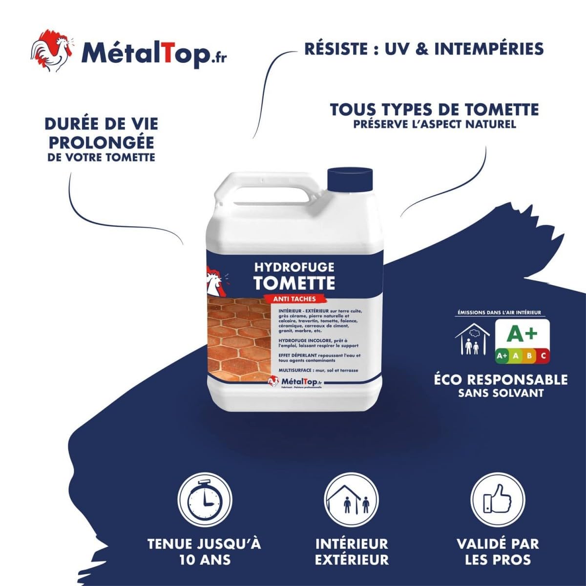 Metaltop - Hydrofuge Tomette - 5 L - Protection invisible anti-taches pour sols en terre cuite et carreaux poreux